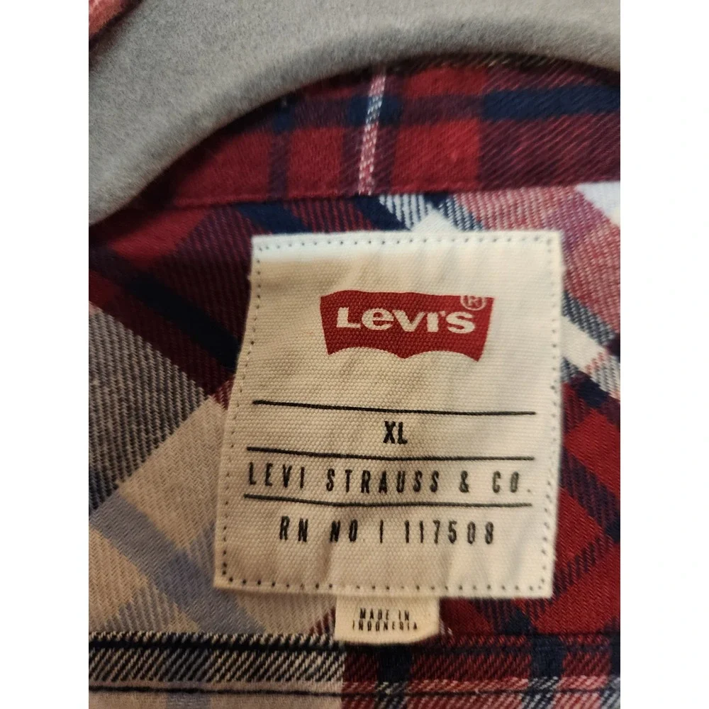 Levis Mens Red‎ White Blue Plaid Flannel Button Down Shirt XL Long Sleeve Casual